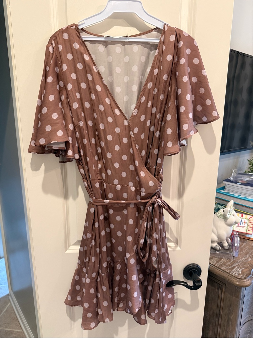 Mustard Seed Brown Polka Dot Wrap Mini Dress